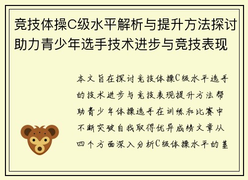 竞技体操C级水平解析与提升方法探讨助力青少年选手技术进步与竞技表现